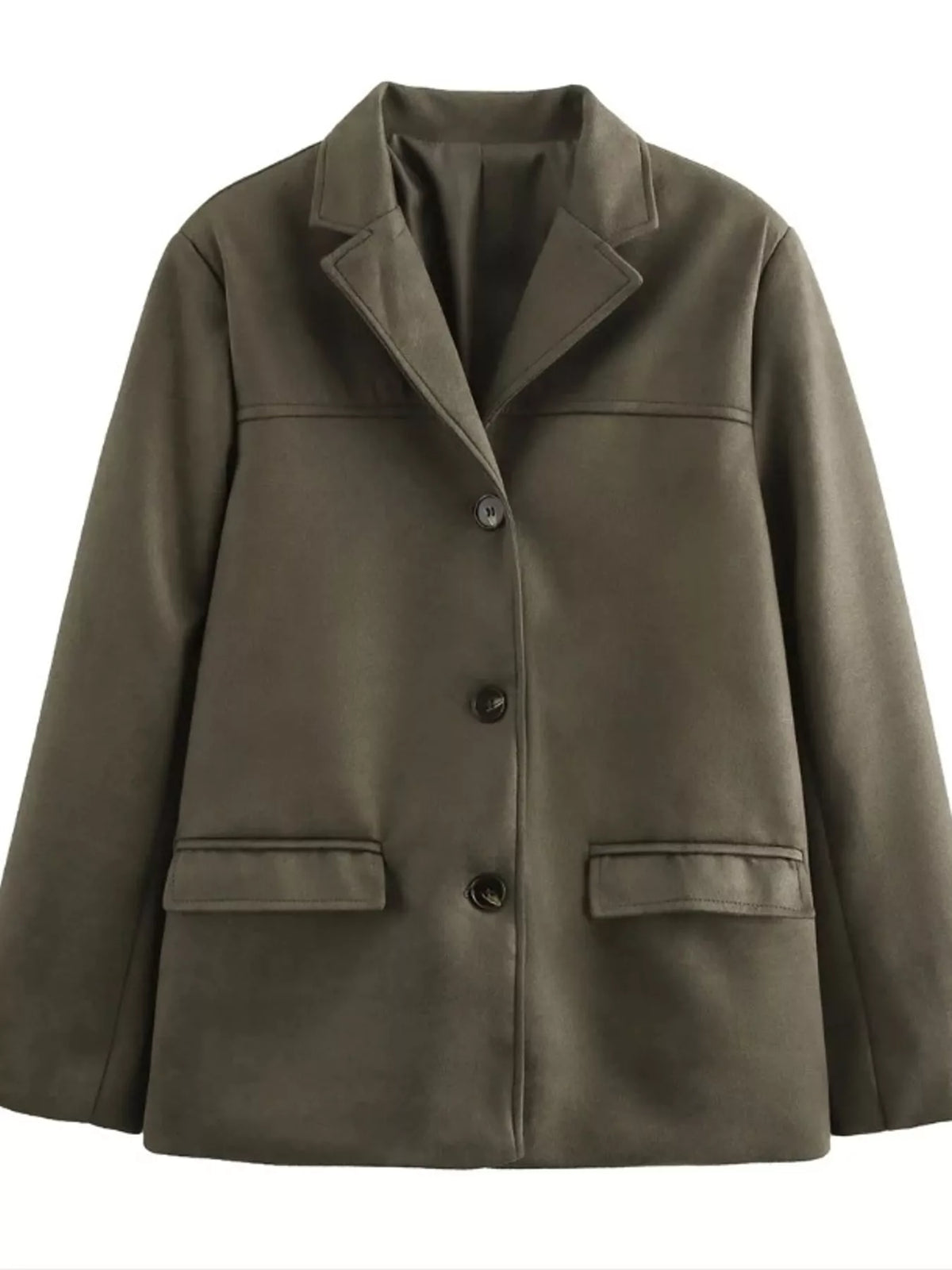 Army green lapel blazer, front view