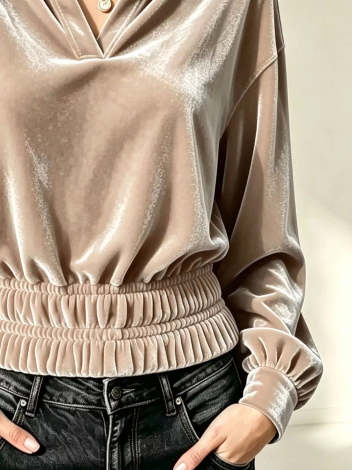Trendsi Velvet Johnny Collar Long Sleeve Blouse -