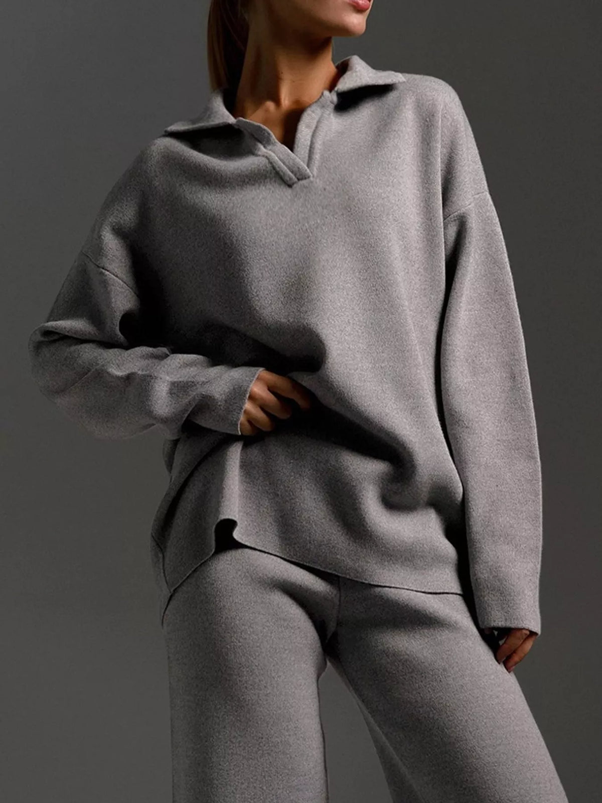 Polo top and pants set, gray top front