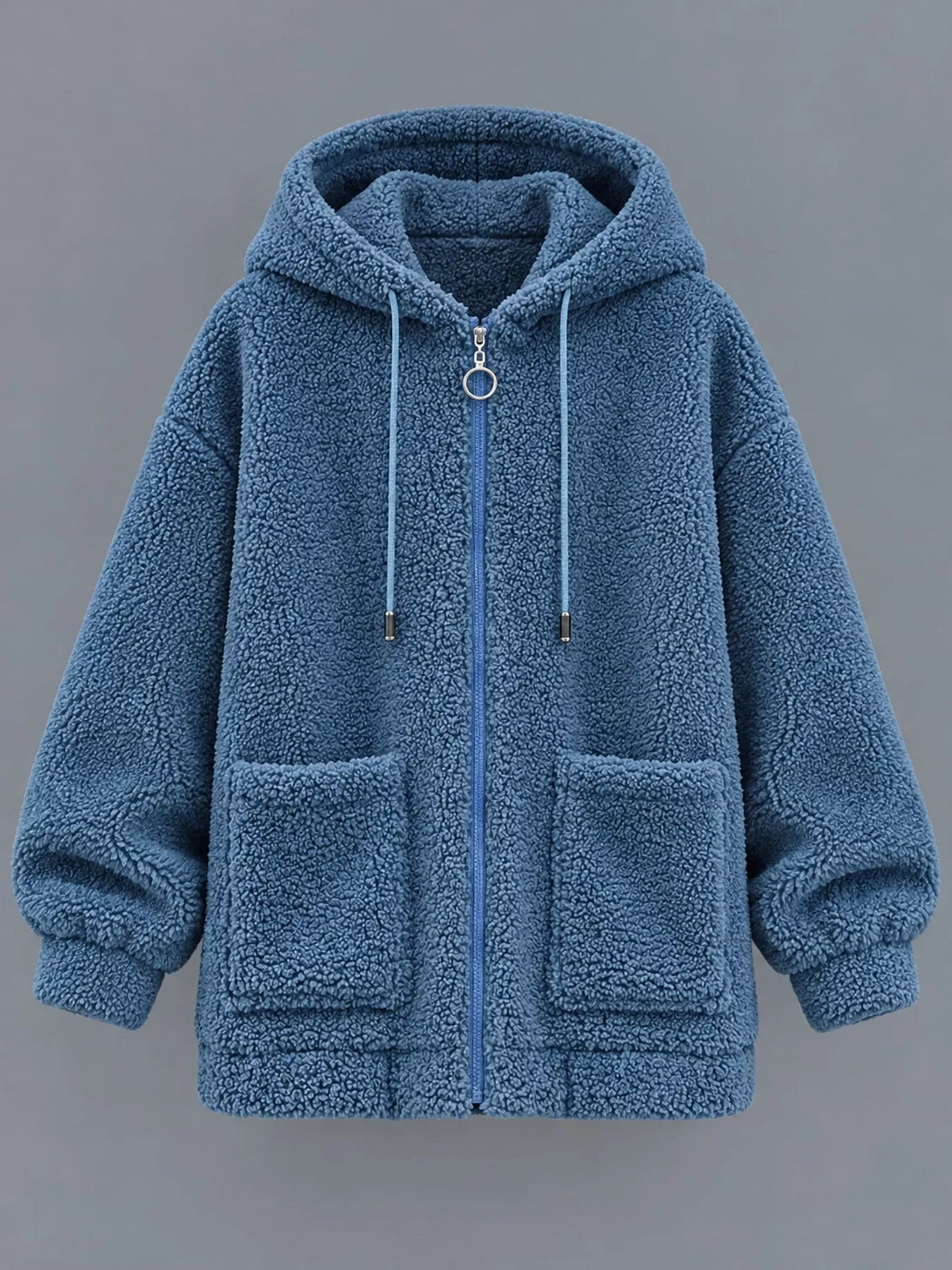 Blue fleece zip-up hoodie with pockets