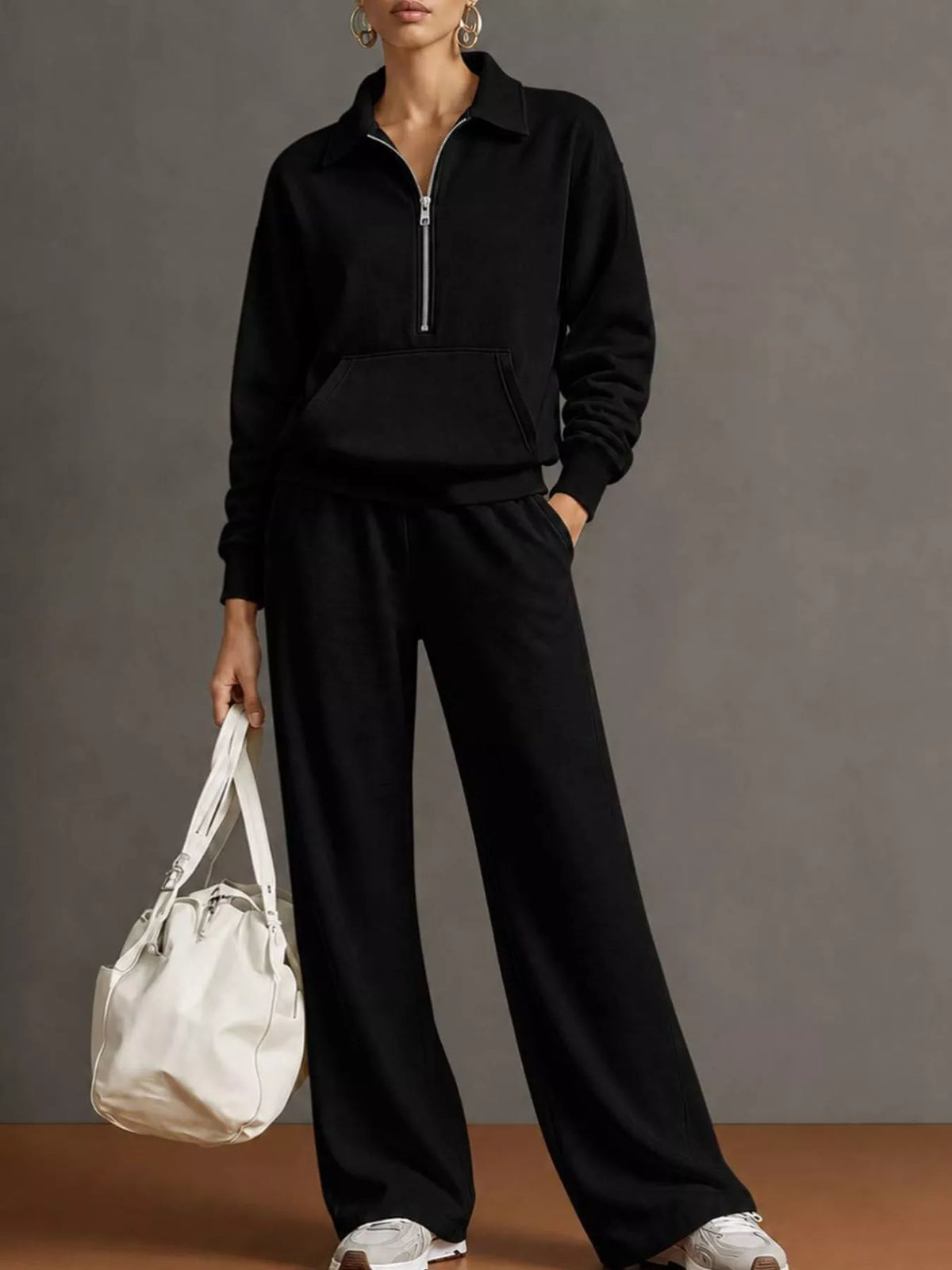 Half Zip Long Sleeve Top and Pants Set — front view