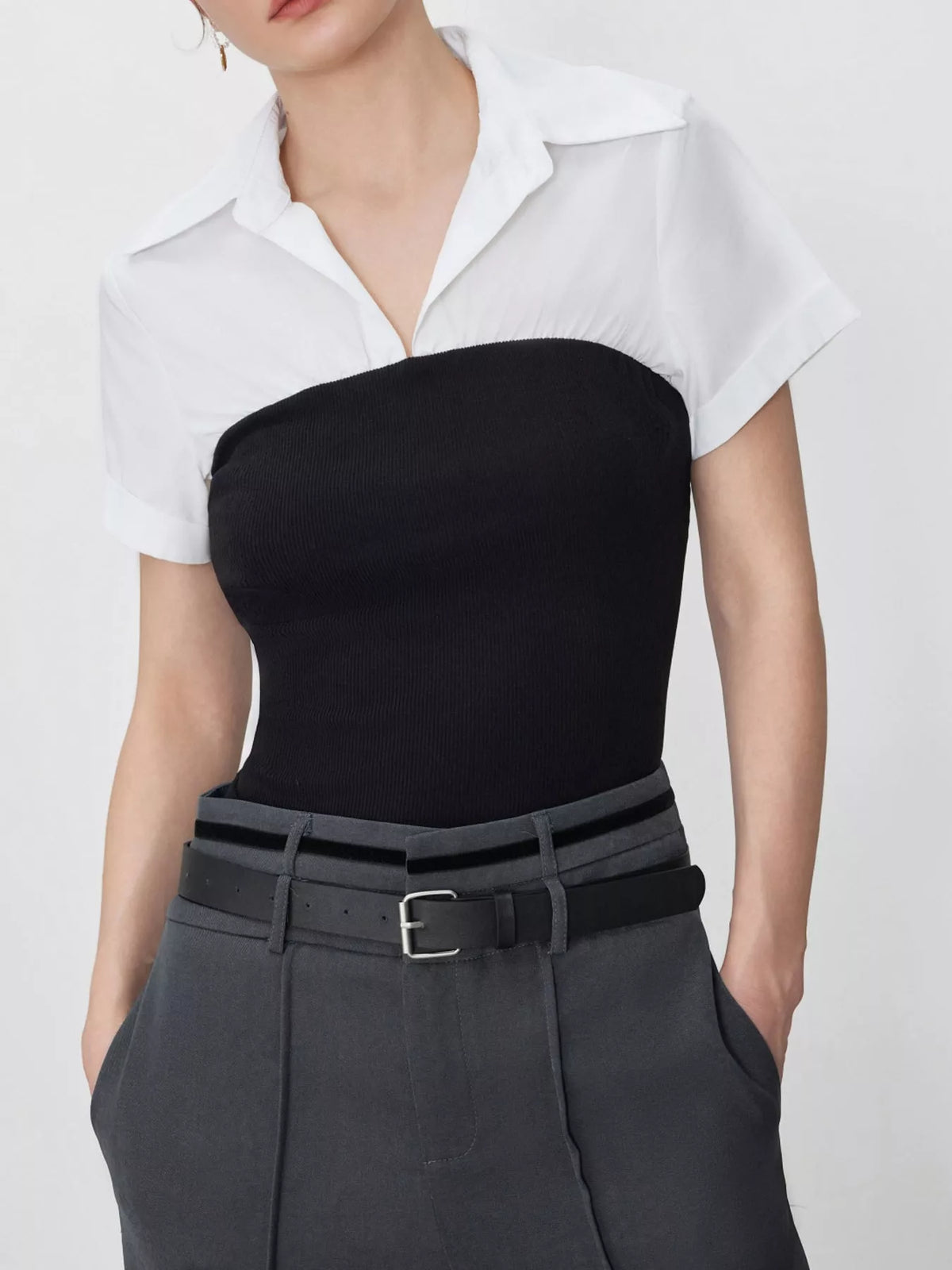 Color-Block Short Sleeve Blouse in black and white