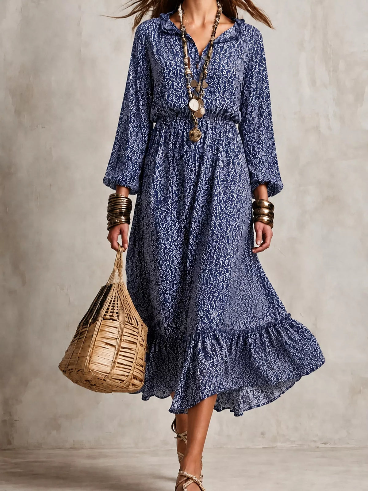 Women's Floral Print Long-Sleeve Ruffle Hem Midi Dress in Royal Blue, detail view
