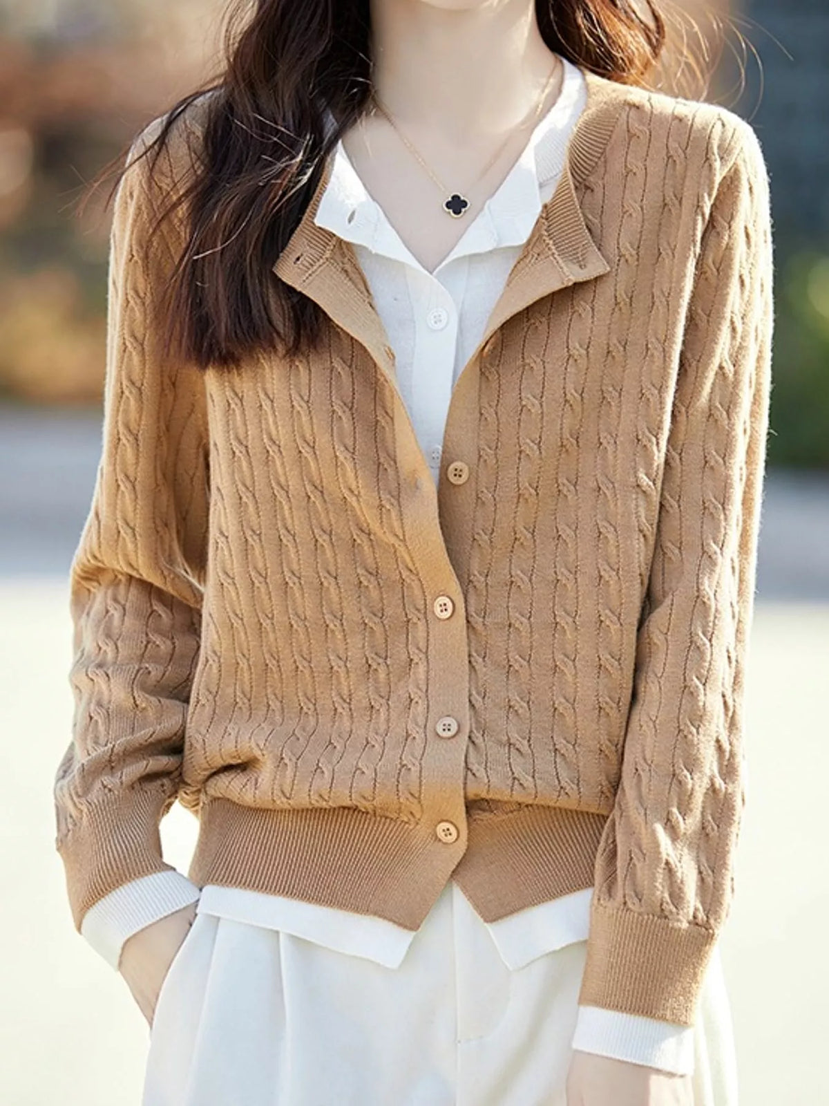 Camel cable-knit button-down cardigan