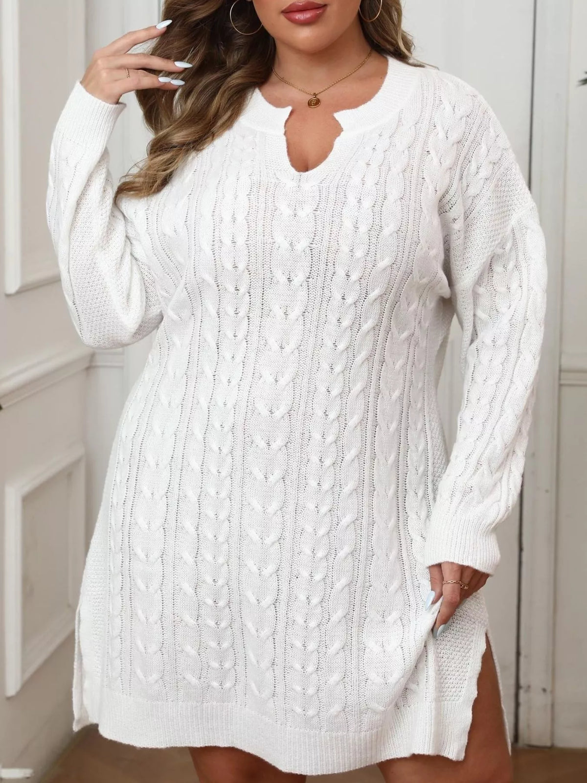 Trendsi Plus Size Cable Knit Long Sleeve Sweater Dress -