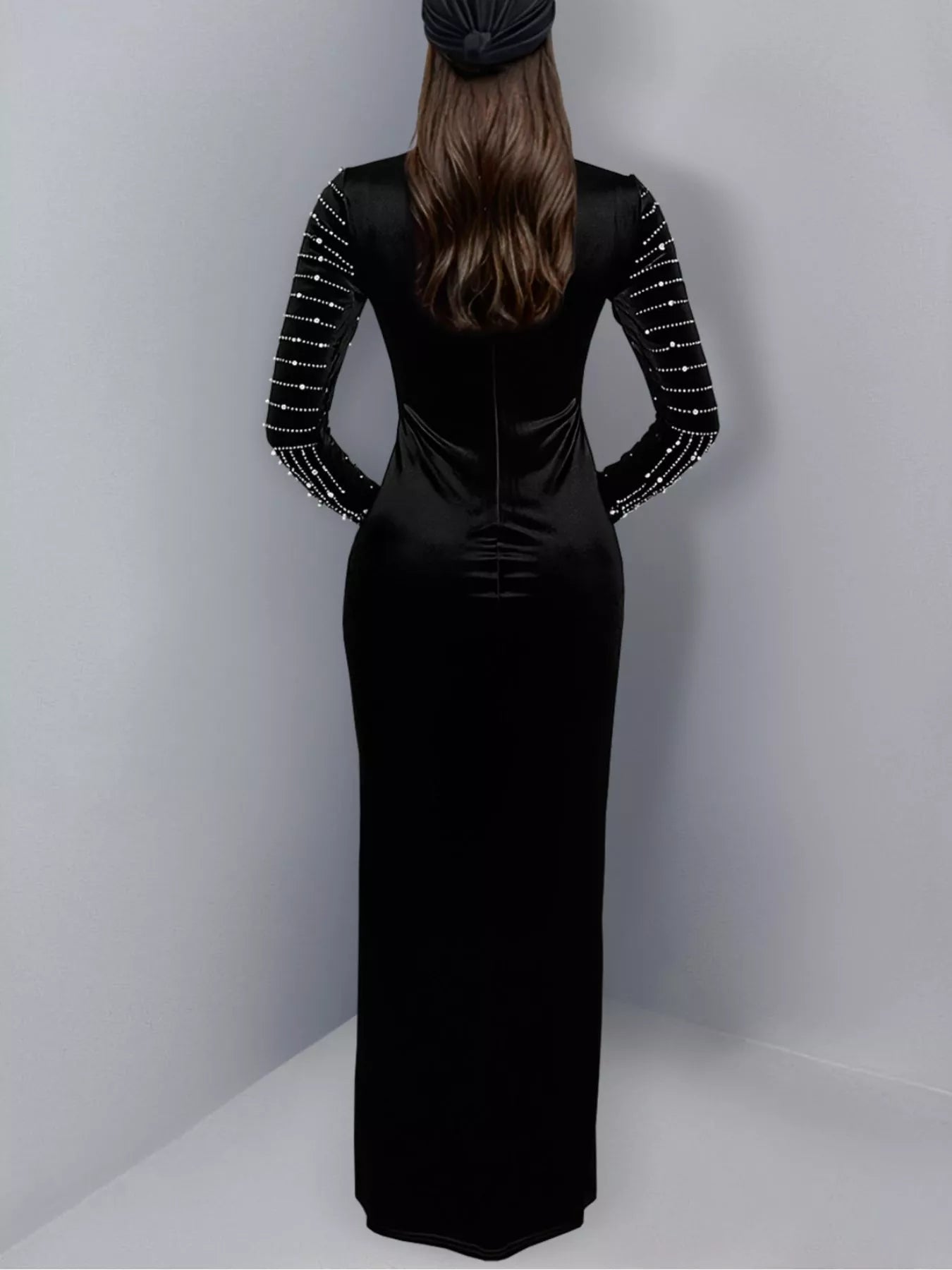 Trendsi Rhinestone Embellished Mock Neck Long Sleeve Maxi Dress -