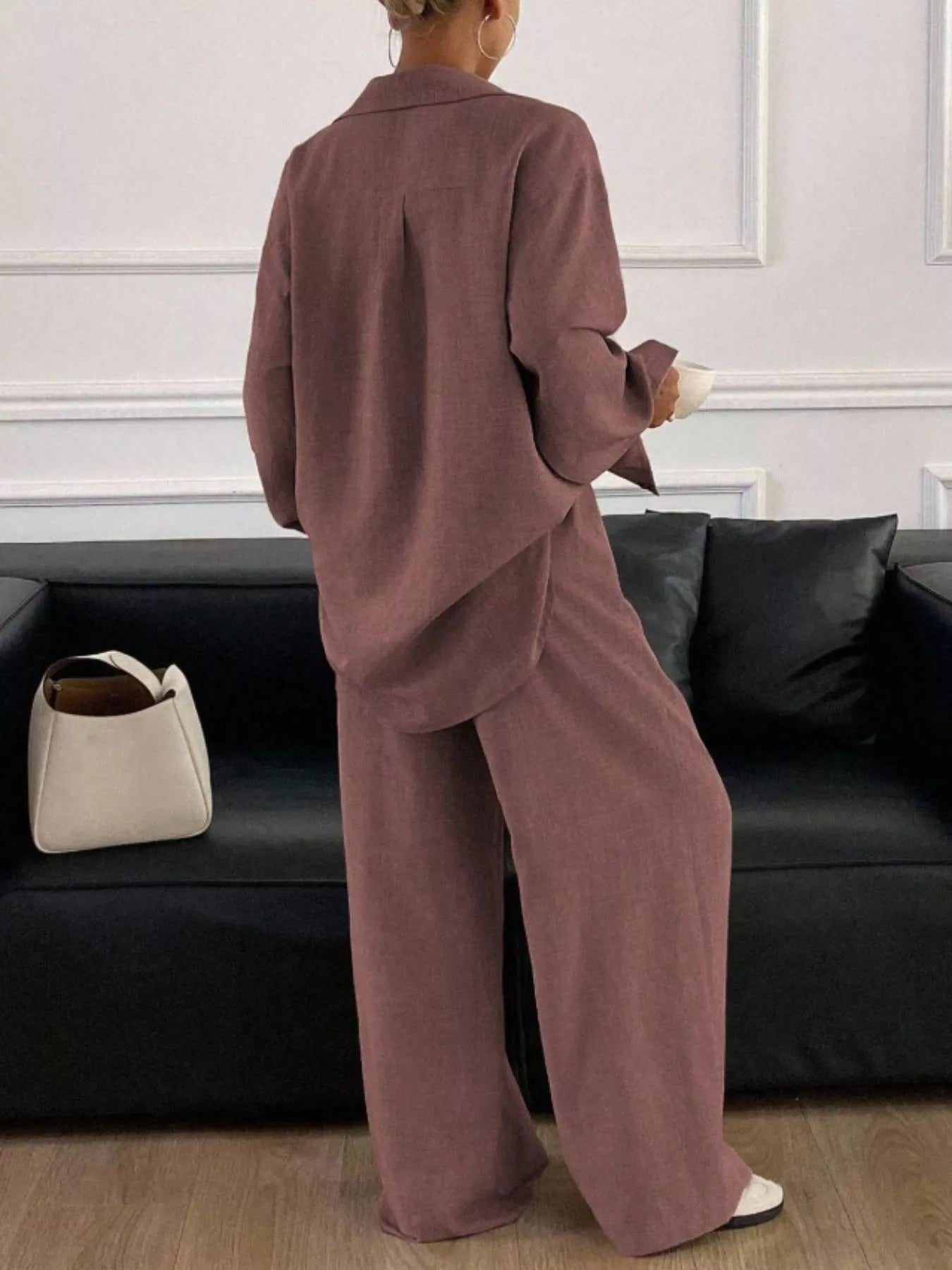 Trendsi Button Up Long Sleeve Shirt and Wide Leg Pants Set -