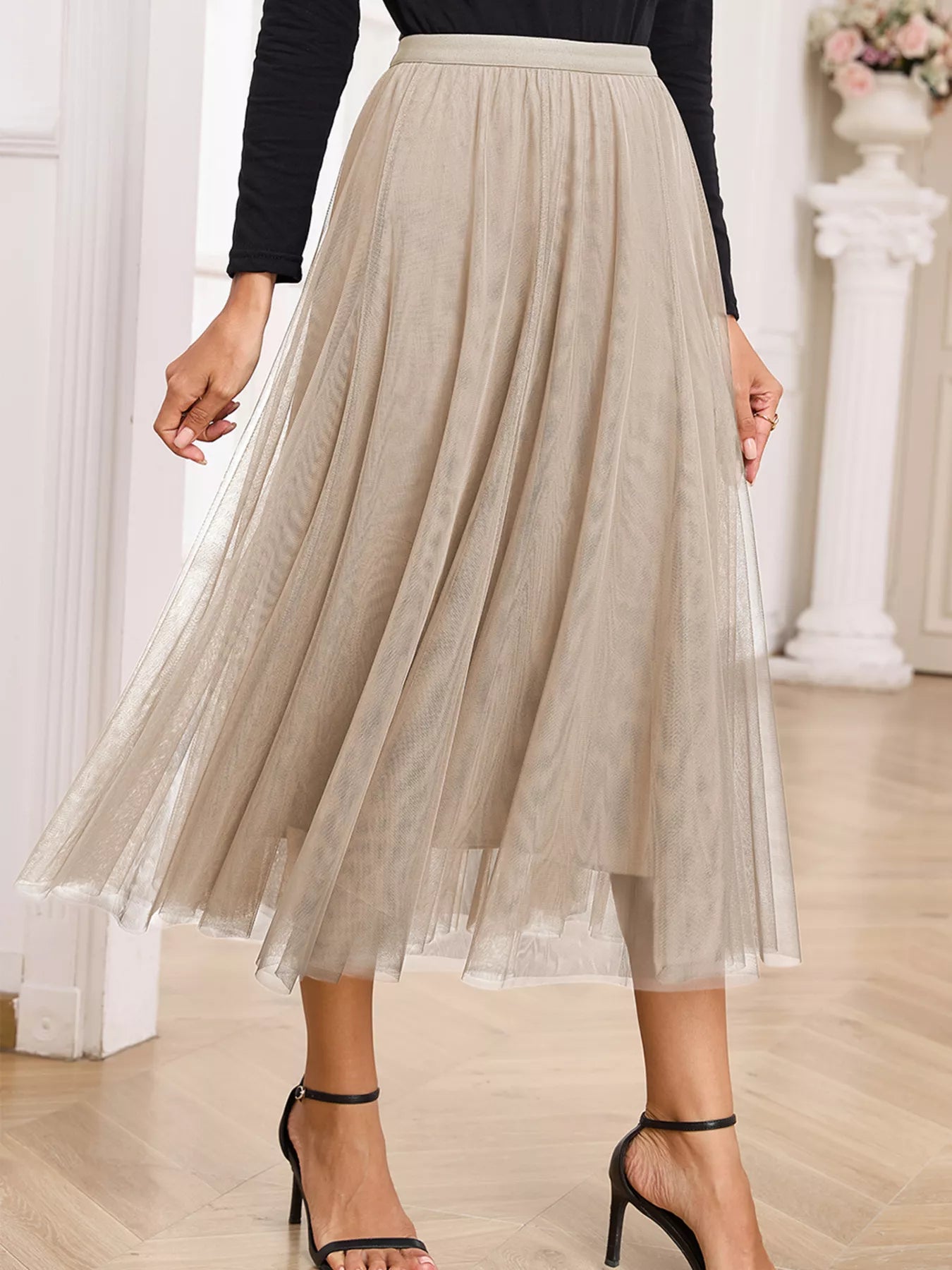 Trendsi Tulle Mesh Overlay Flared Midi Skirt -