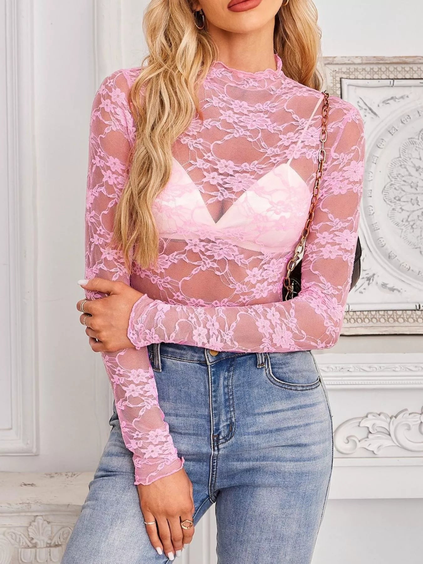 Trendsi Sheer Floral Lace Long Sleeve Top -