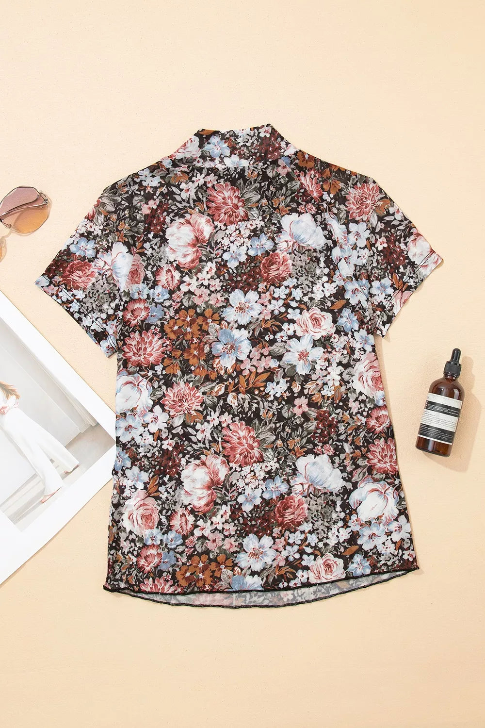 Trendsi Floral Print Mock Neck Sheer Mesh Top -