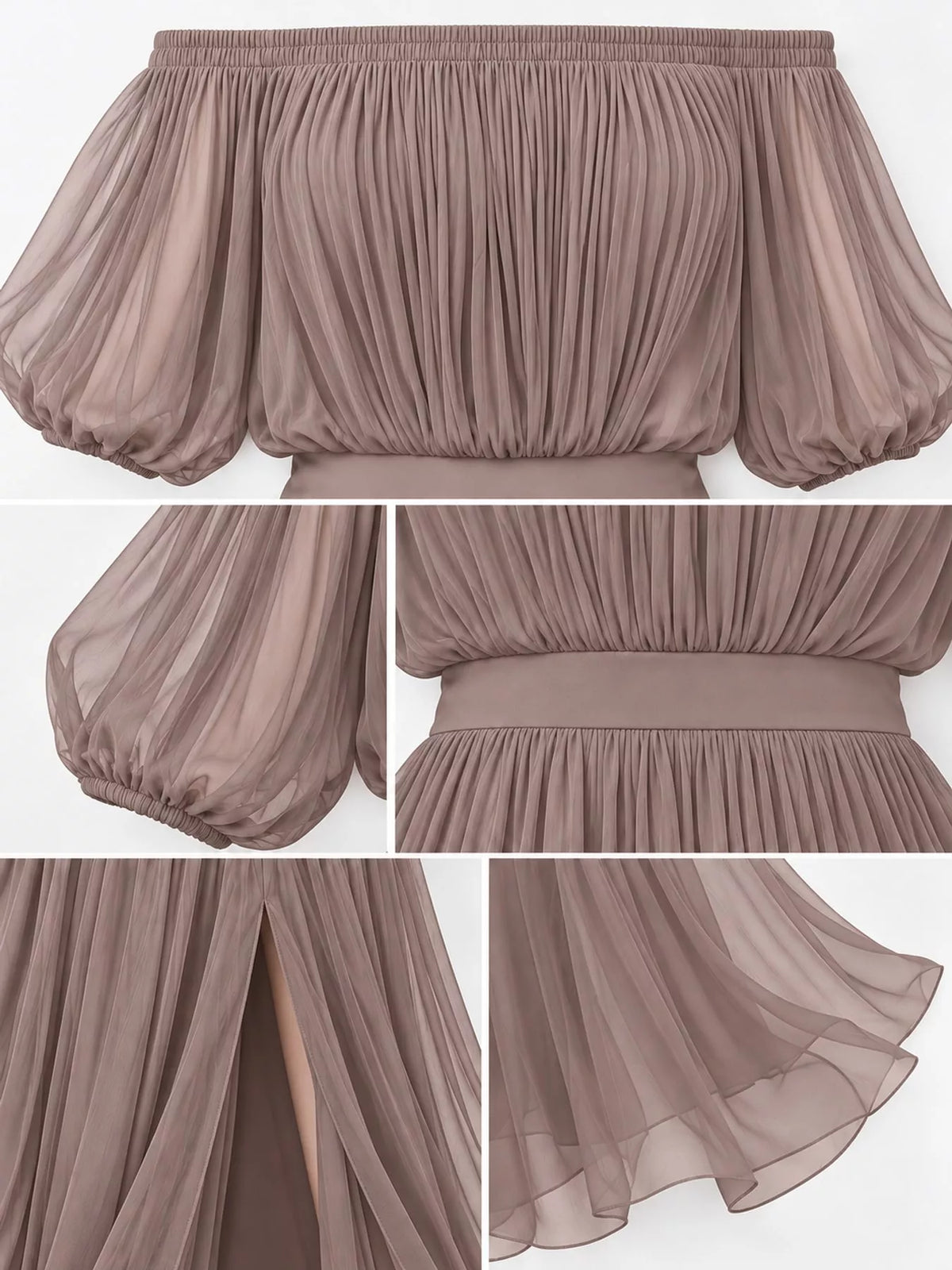 Taupe off shoulder ruched chiffon maxi dress, detail view