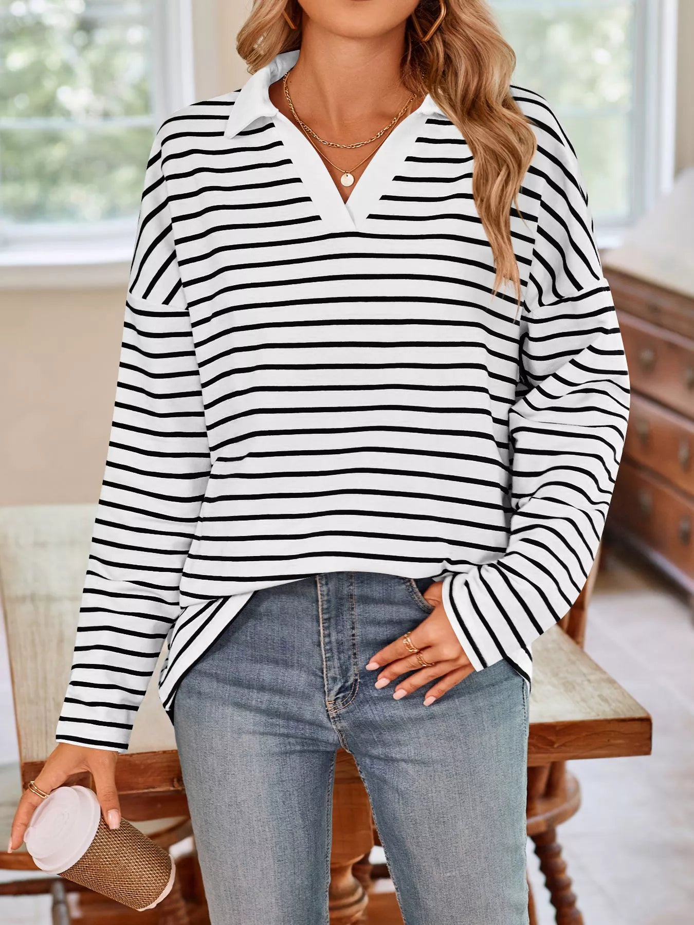 Trendsi Oversized Striped Johnny Collar T-Shirt -