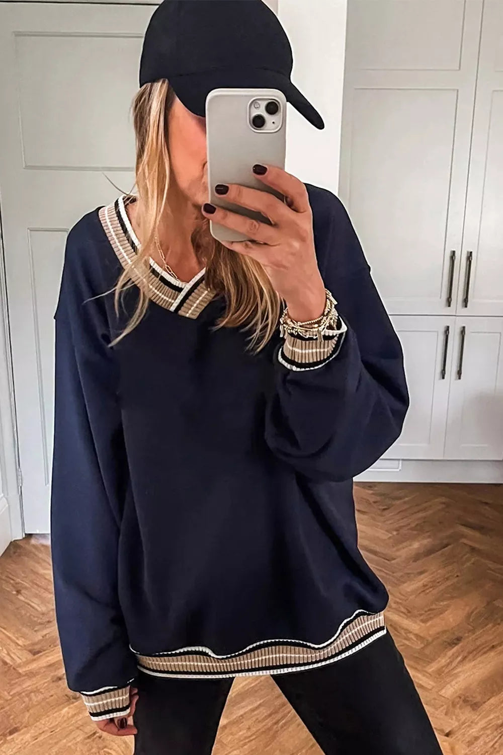 Trendsi Contrast Striped Trim V Neck Sweatshirt -