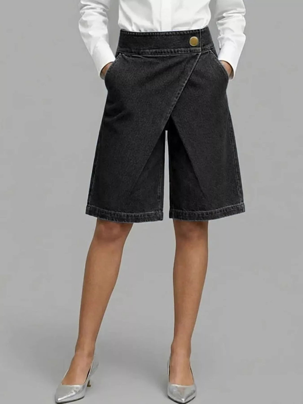 High-Waisted Wrap-Front Denim Look Shorts in black, front view