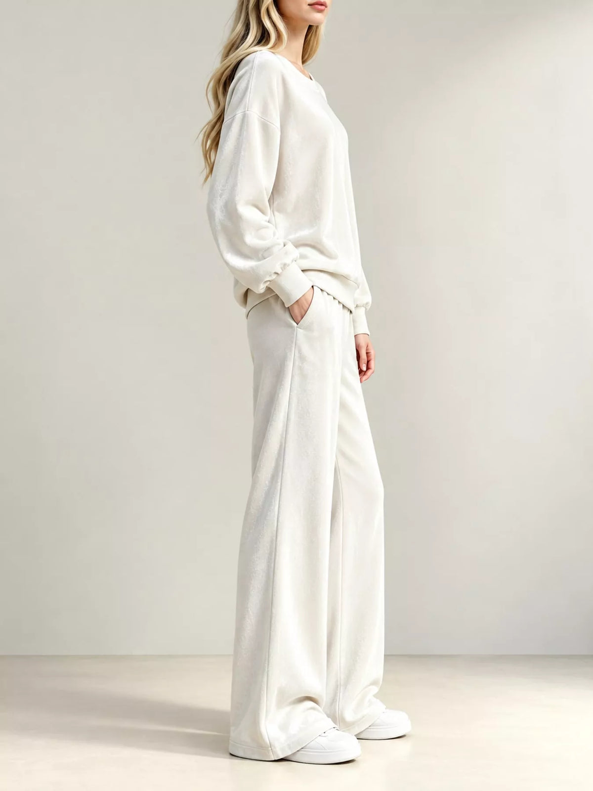 Velour Long Sleeve Top and Wide-Leg Pants Set — side view