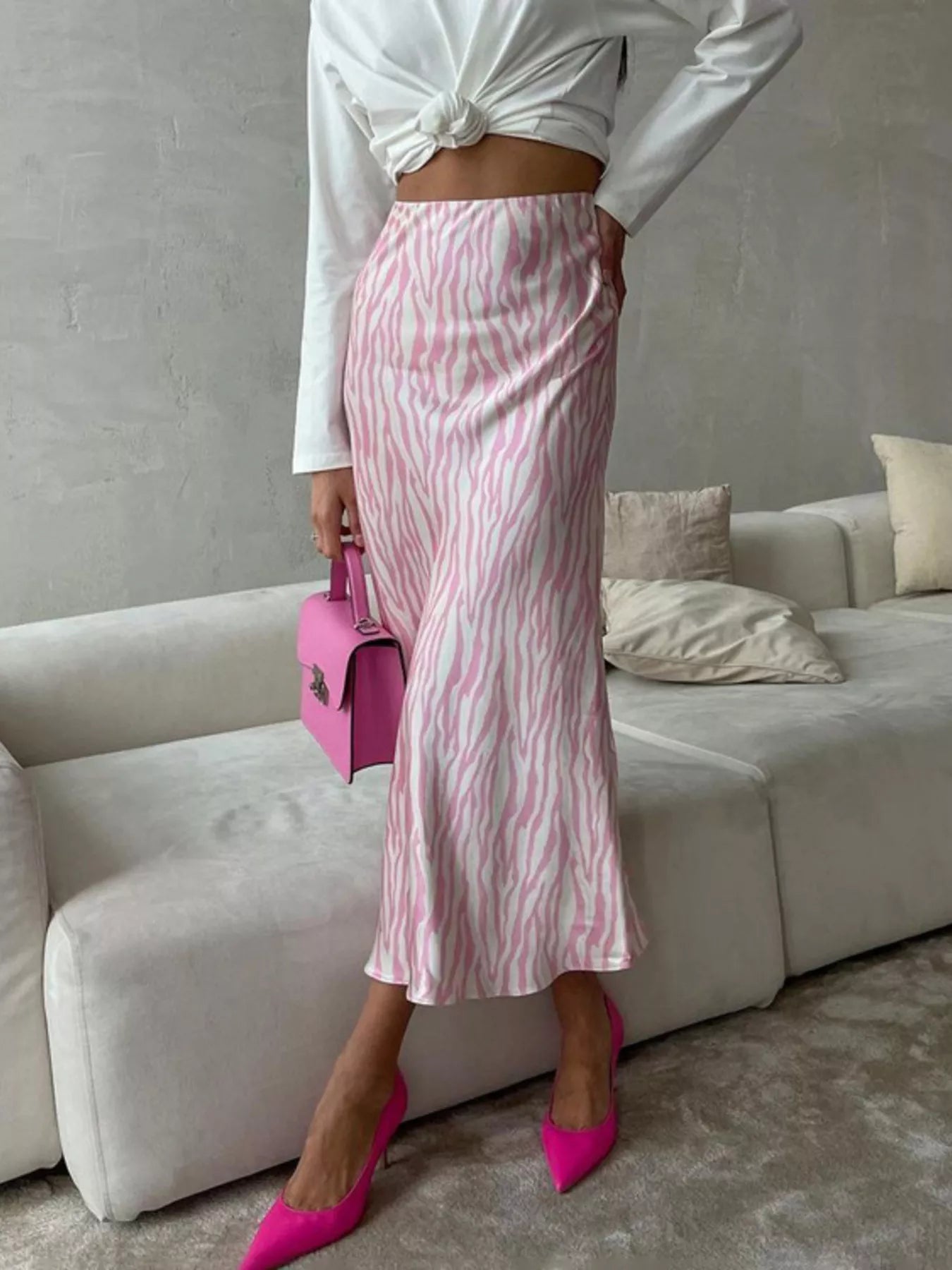 Trendsi Satin Zebra Print Midi Skirt -