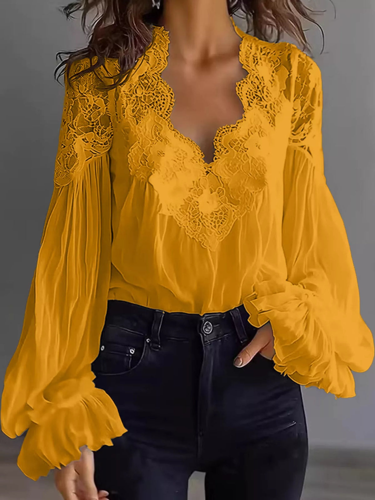 Mustard lace V-neck flounce sleeve blouse