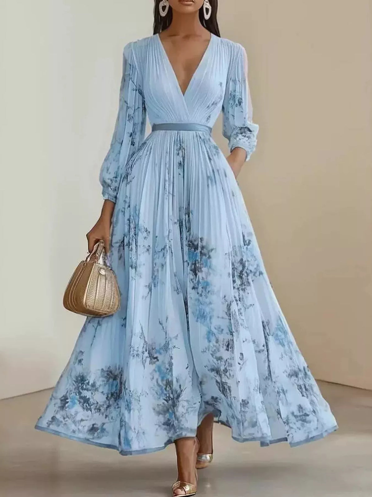 V-neck long sleeve maxi dress, front view on model
