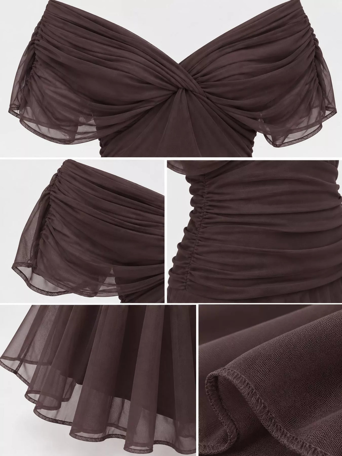 Brown off shoulder ruched tulle evening dress, detail view