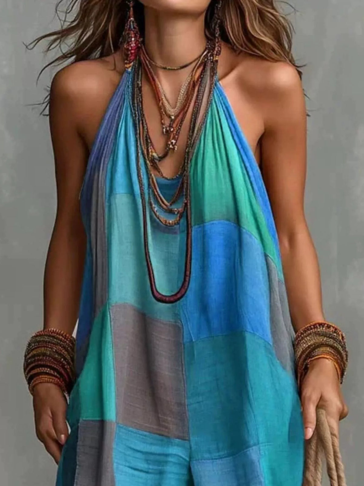 Sky Blue Plaid Halter Neck Wide-Leg Jumpsuit detail view