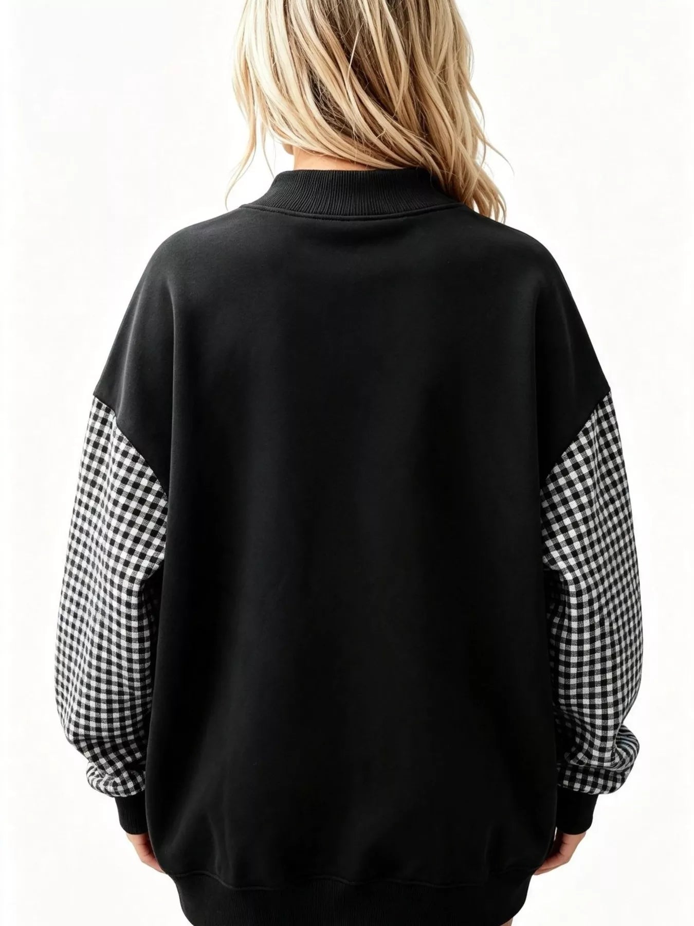 Trendsi Gingham Sleeves Round Neck Sweatshirt -
