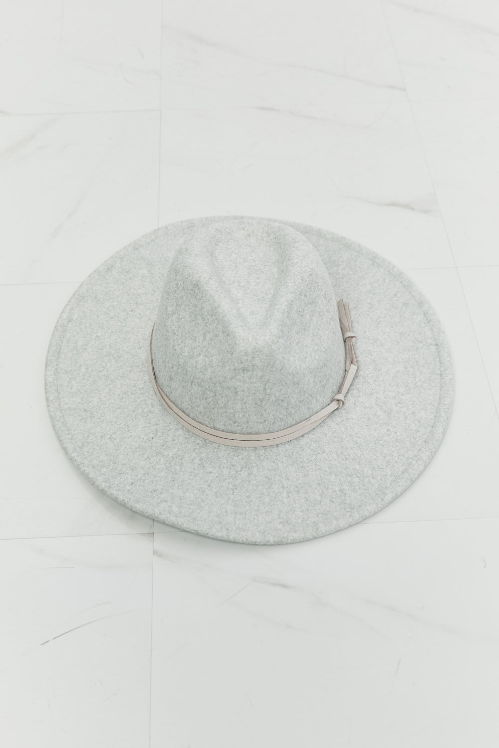 Unisex Light Gray Fedora Hat With Faux Leather Knot Detail — product view 5