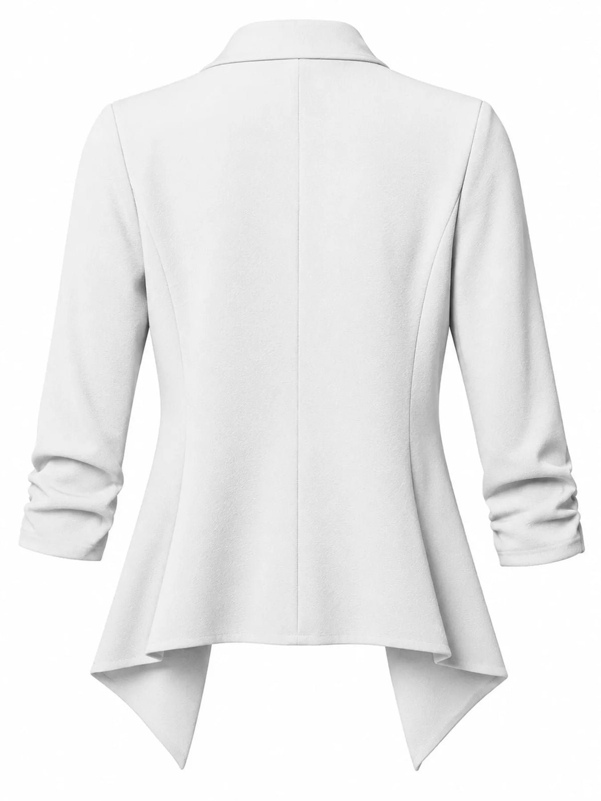 White open-front blazer with ruched 3/4 sleeves, back view