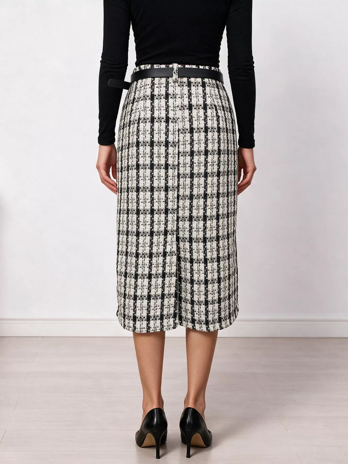 Black and white plaid midi skirt, back view
