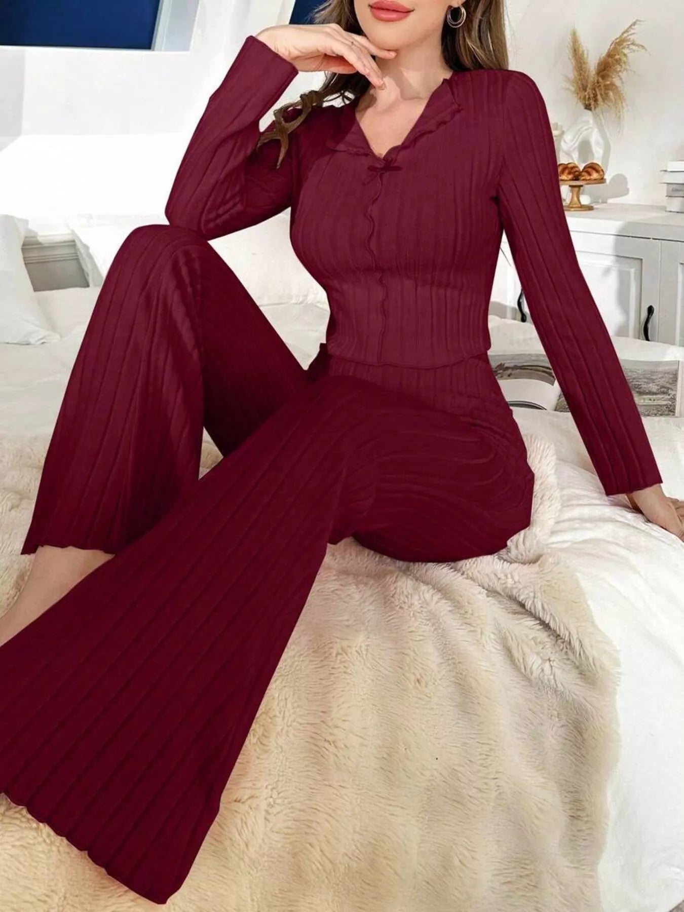 Trendsi Bow Detail Ribbed Knit Top and Pants Lounge Set -