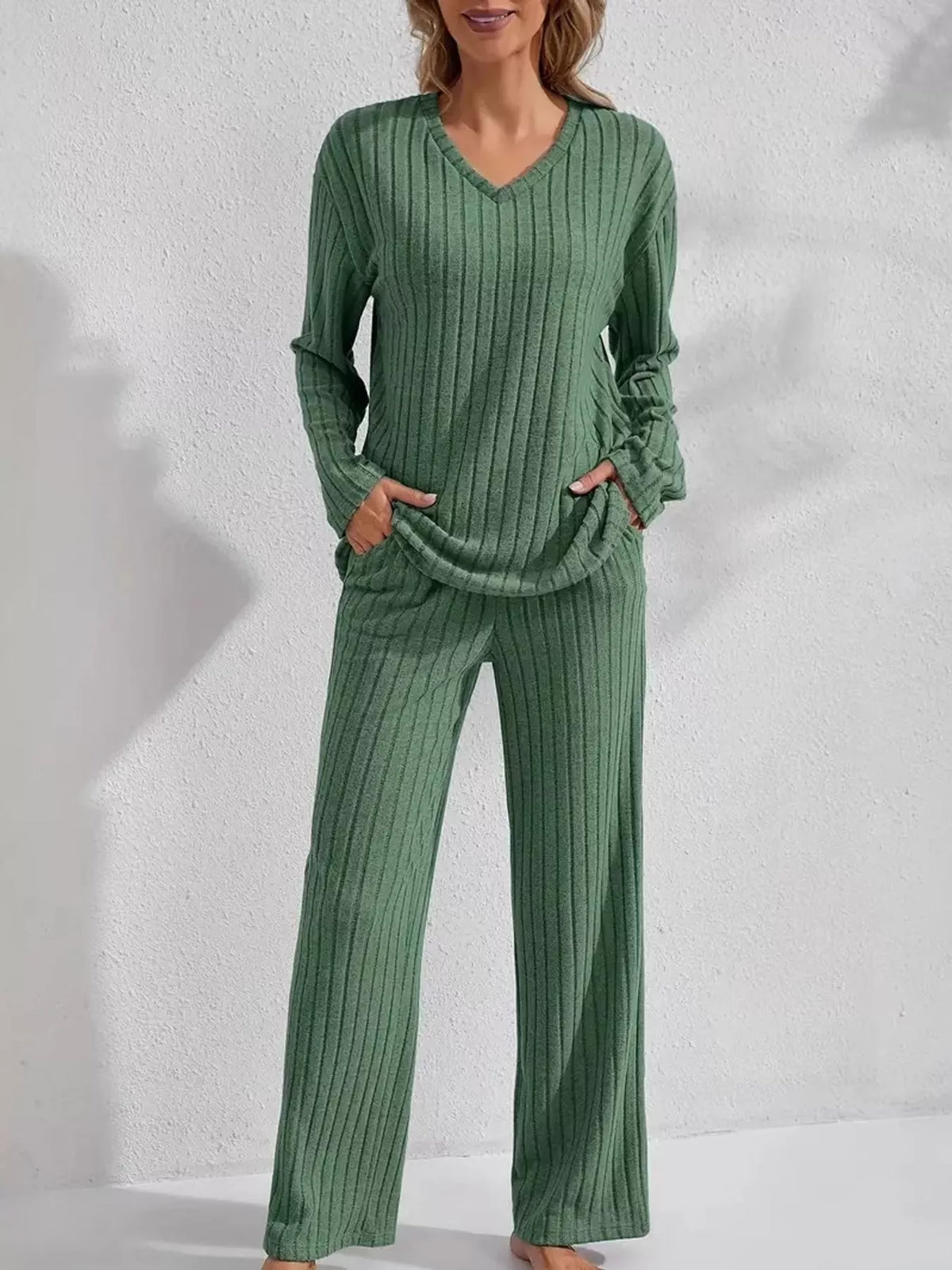Ribbed Knit V-Neck Top and Pants Lounge Set in green