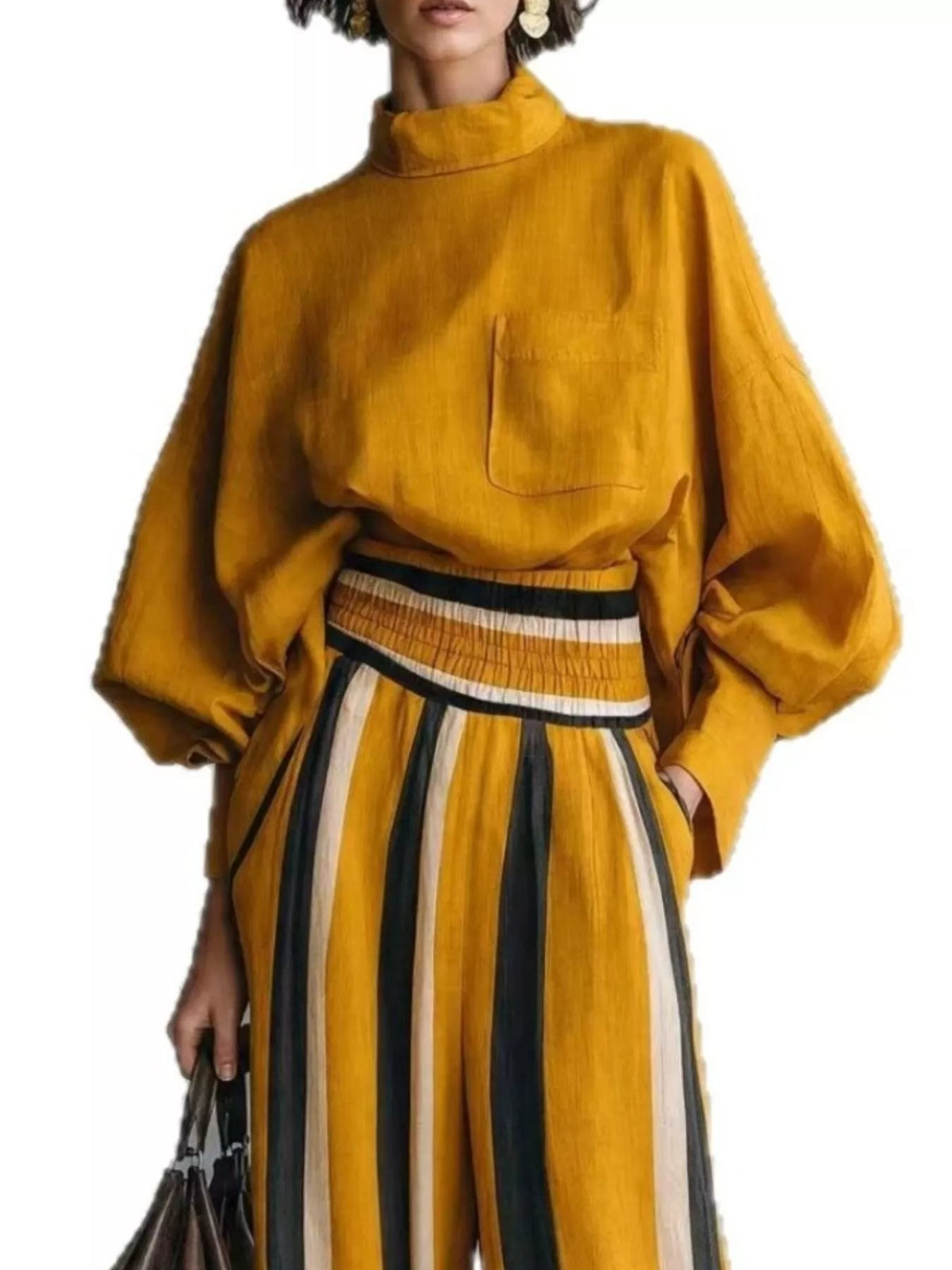 Yellow mock-neck blouse and striped wide-leg trouser set — design and construction details