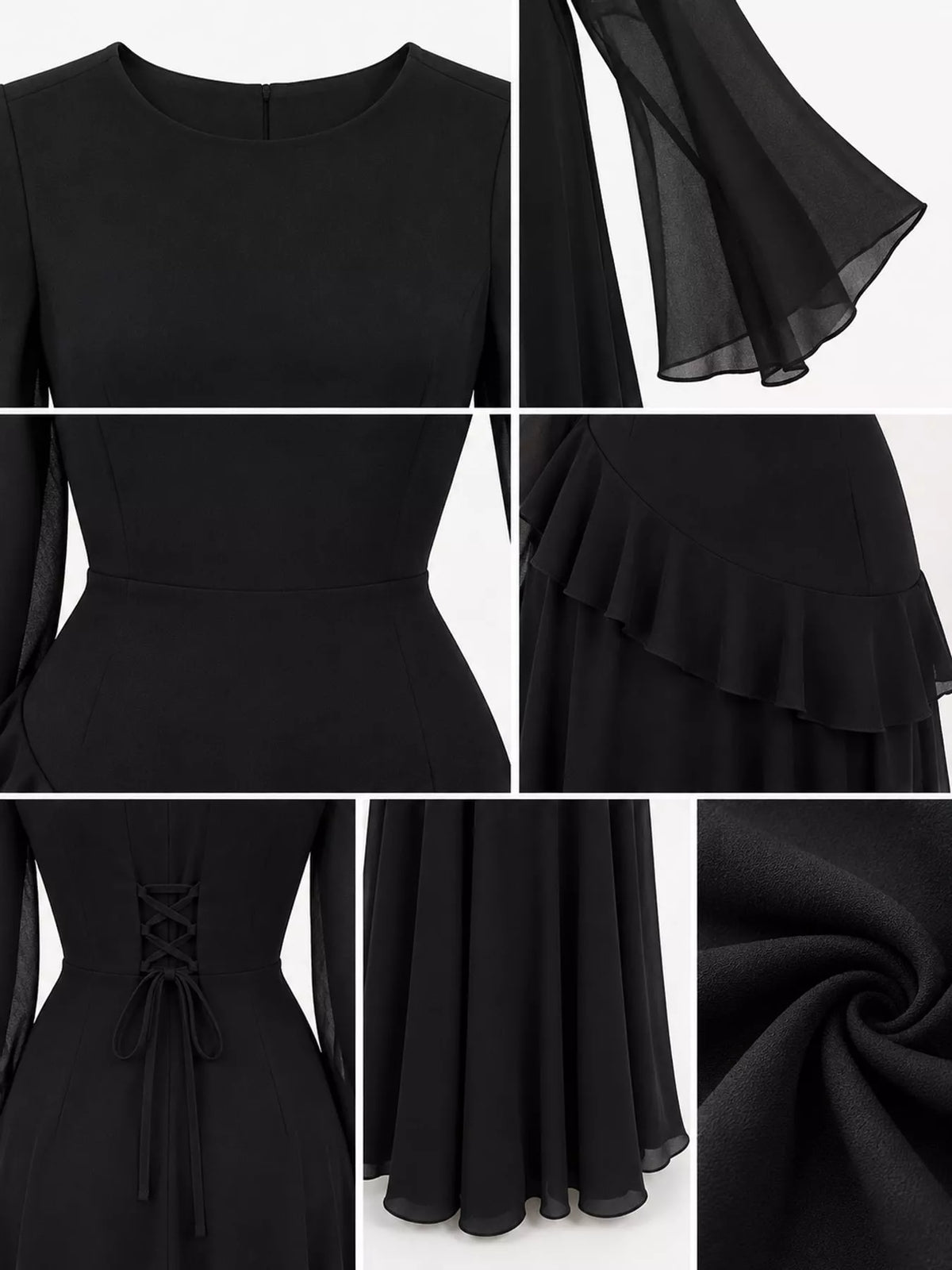 Black ruffled flare sleeve maxi dress, detail view