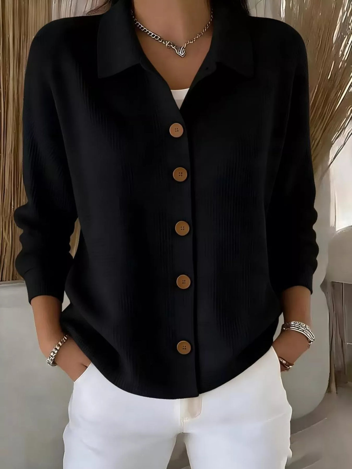 Waffle Knit Button-Down Shirt — front view