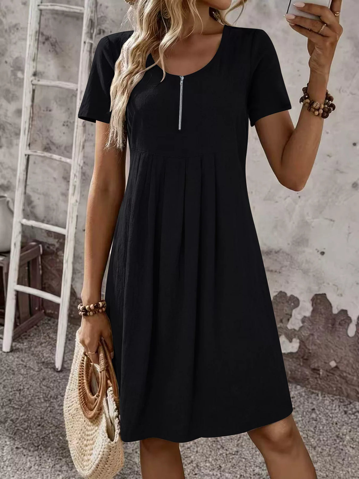 Trendsi Zipper-Front Short Sleeve A-Line Dress -