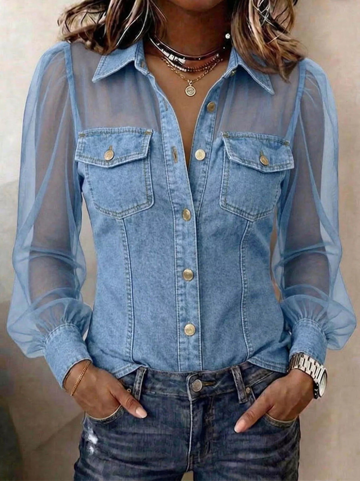 Light blue sheer mesh sleeve button-up shirt — front view