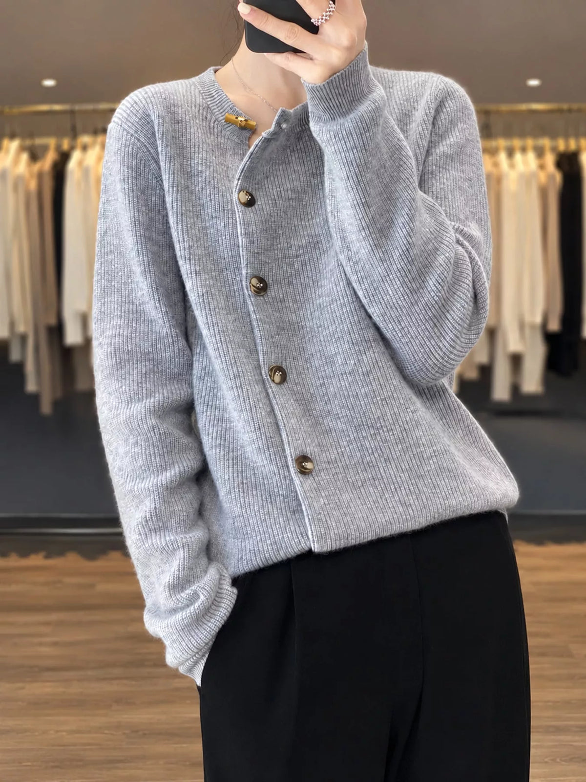 Light Gray ribbed knit asymmetrical button cardigan