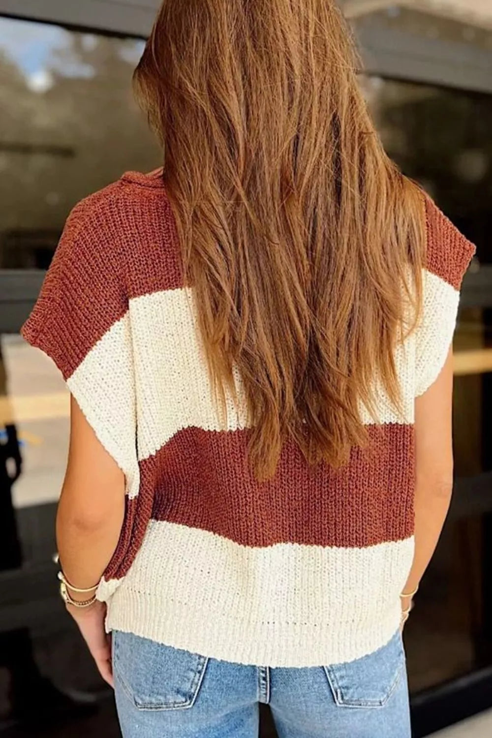 Trendsi Striped Colorblock Knit Short Sleeve Loose Sweater -
