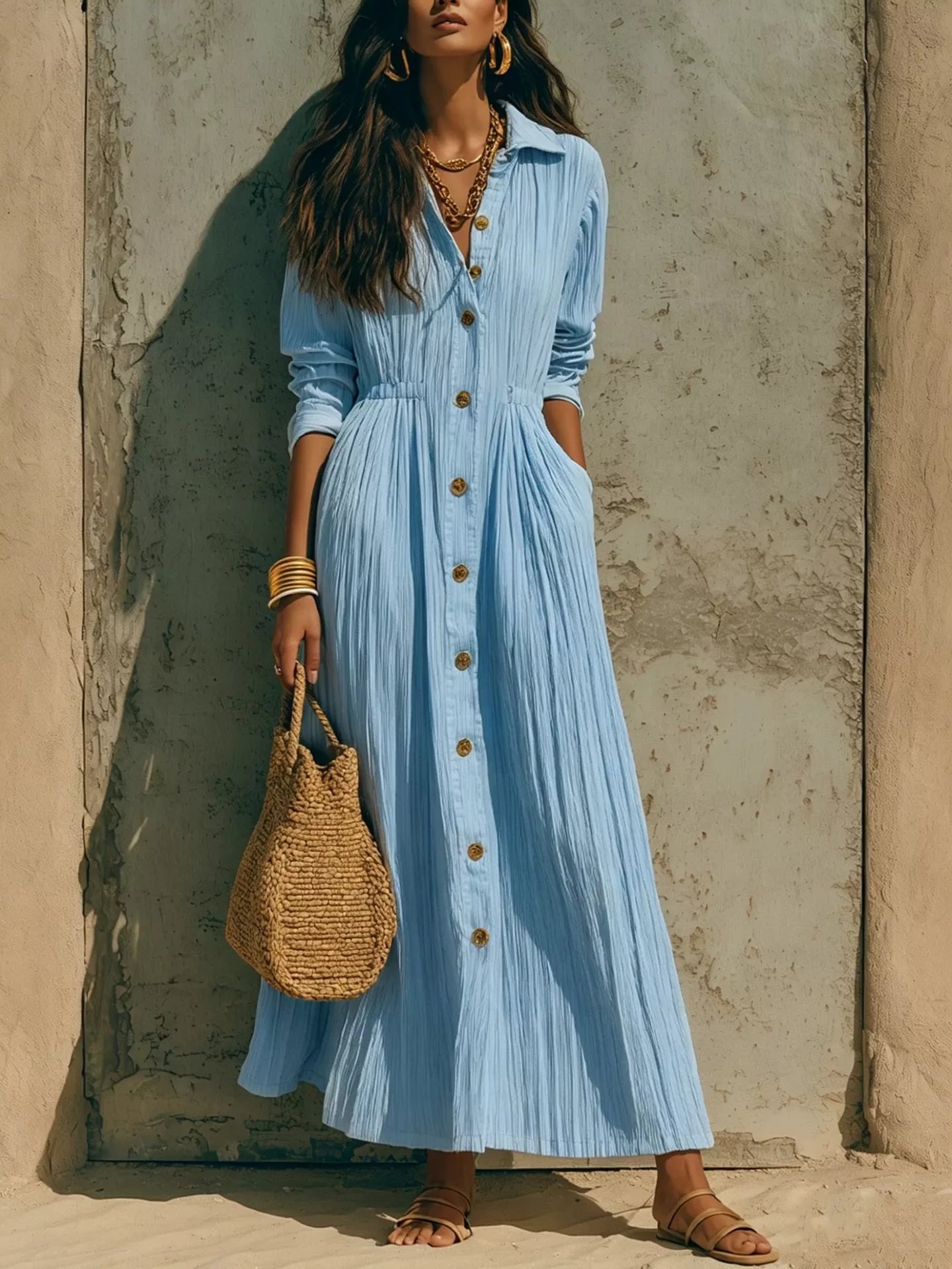 Trendsi Full Size Textured Button Front Long Sleeve Maxi Dress Plus Size -