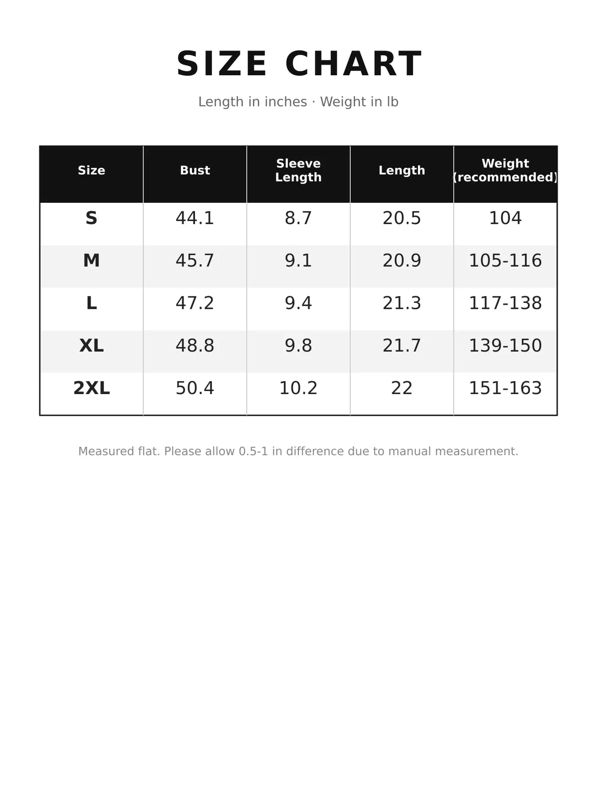 Size chart for the asymmetric-neck short sleeve T-shirt