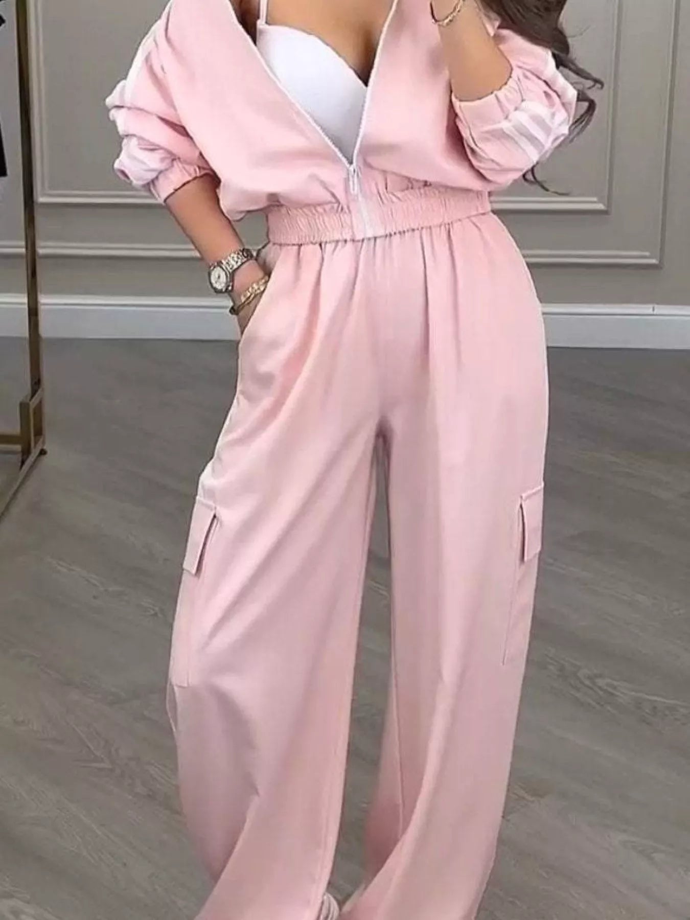 Trendsi Full Size Side Striped Zip Up Outerwear and Pants Set Plus Size -