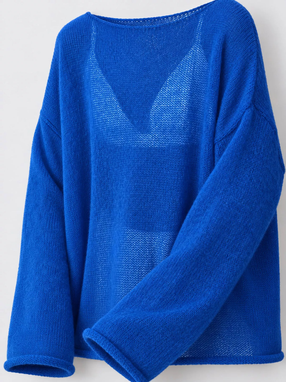 Blue sheer openwork knit long sleeve top