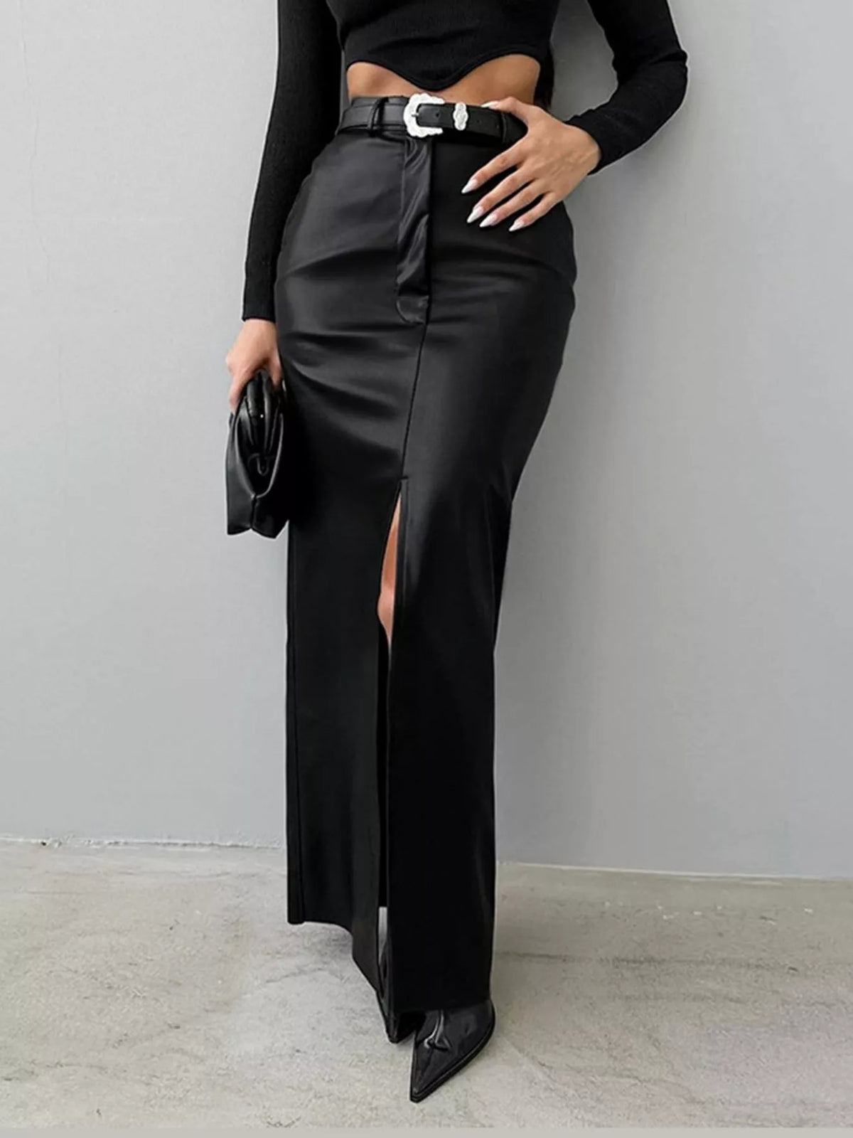 High-Waisted Faux Leather Maxi Skirt with Front Slit — front view