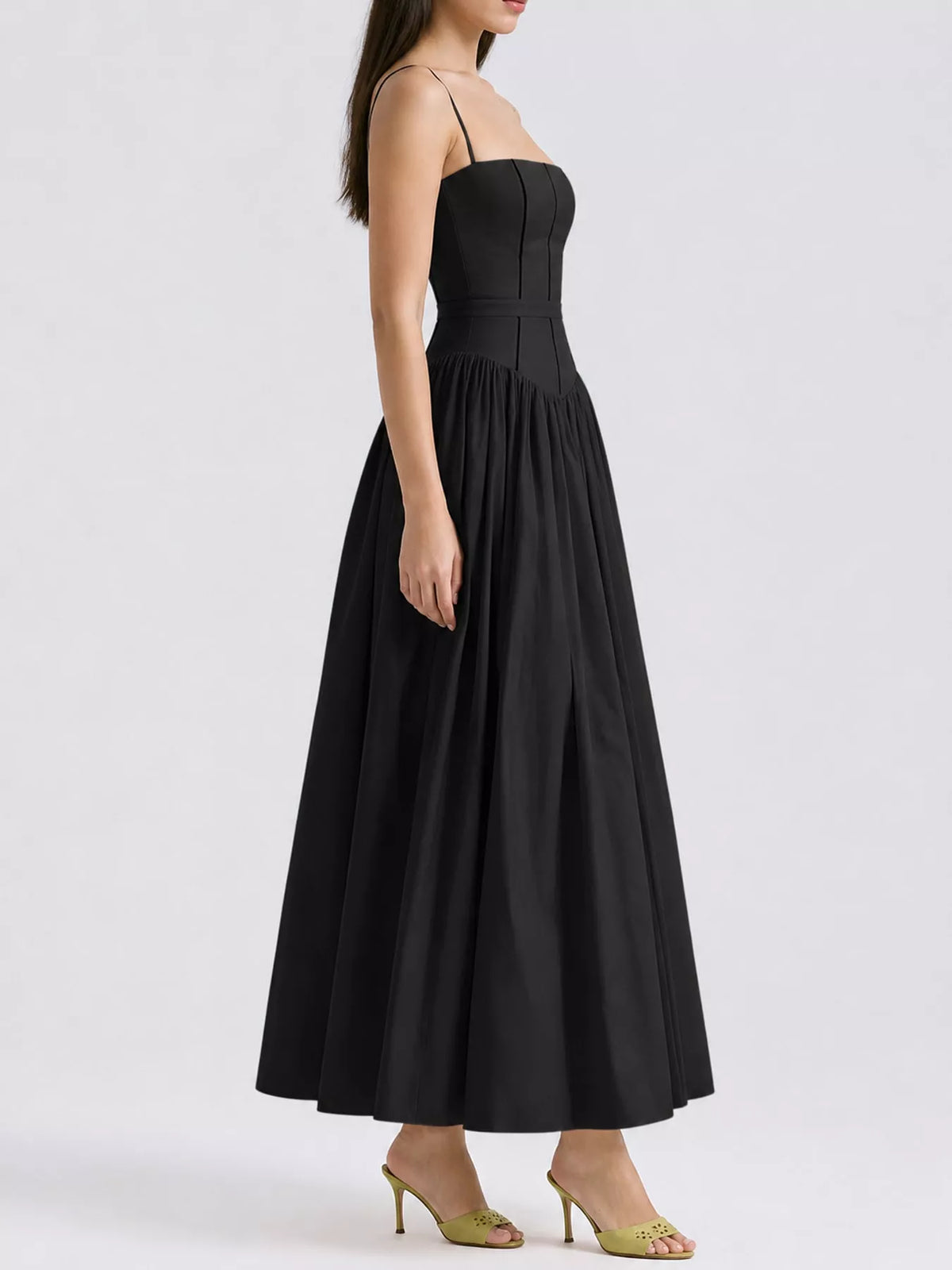 Women's Paneled Bodice Gathered Midi Dress in black — side view