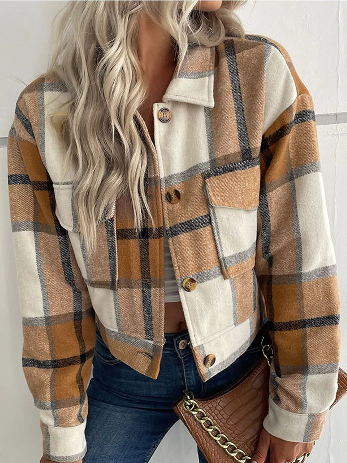 Plaid cropped jacket, tan plaid angled front