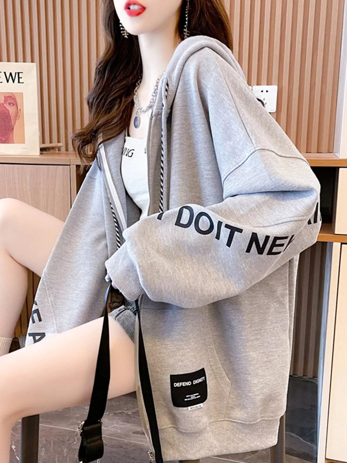 Oversized Zip-Up Hoodie with Letter Print — side view