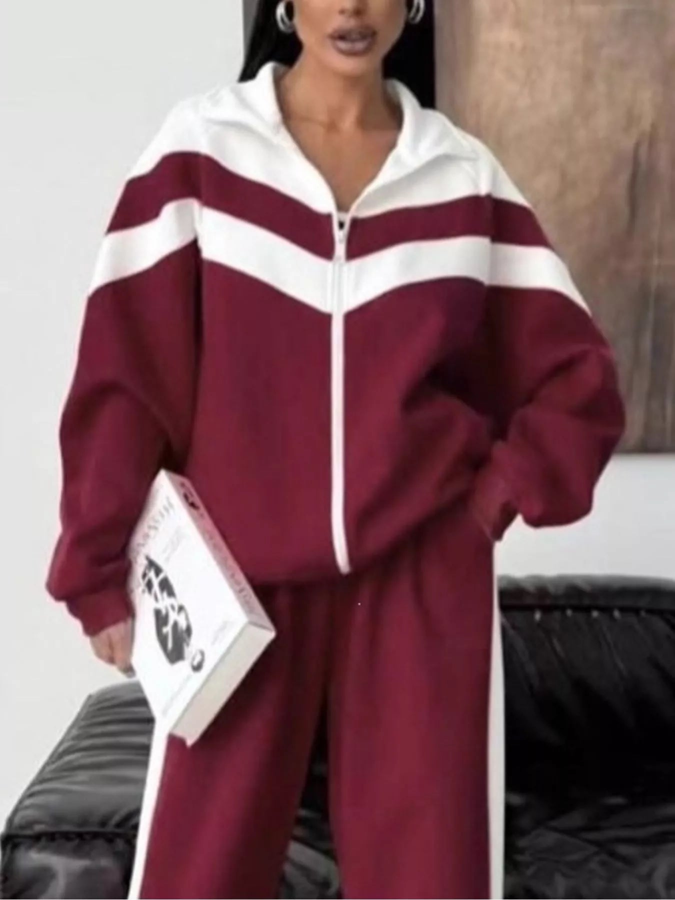 Trendsi Color Block Zip-Up Outerwear and Pants Set -