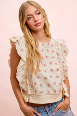 Trendsi BiBi Flower Printed Ruffle Sleeve Trim Detail Top -