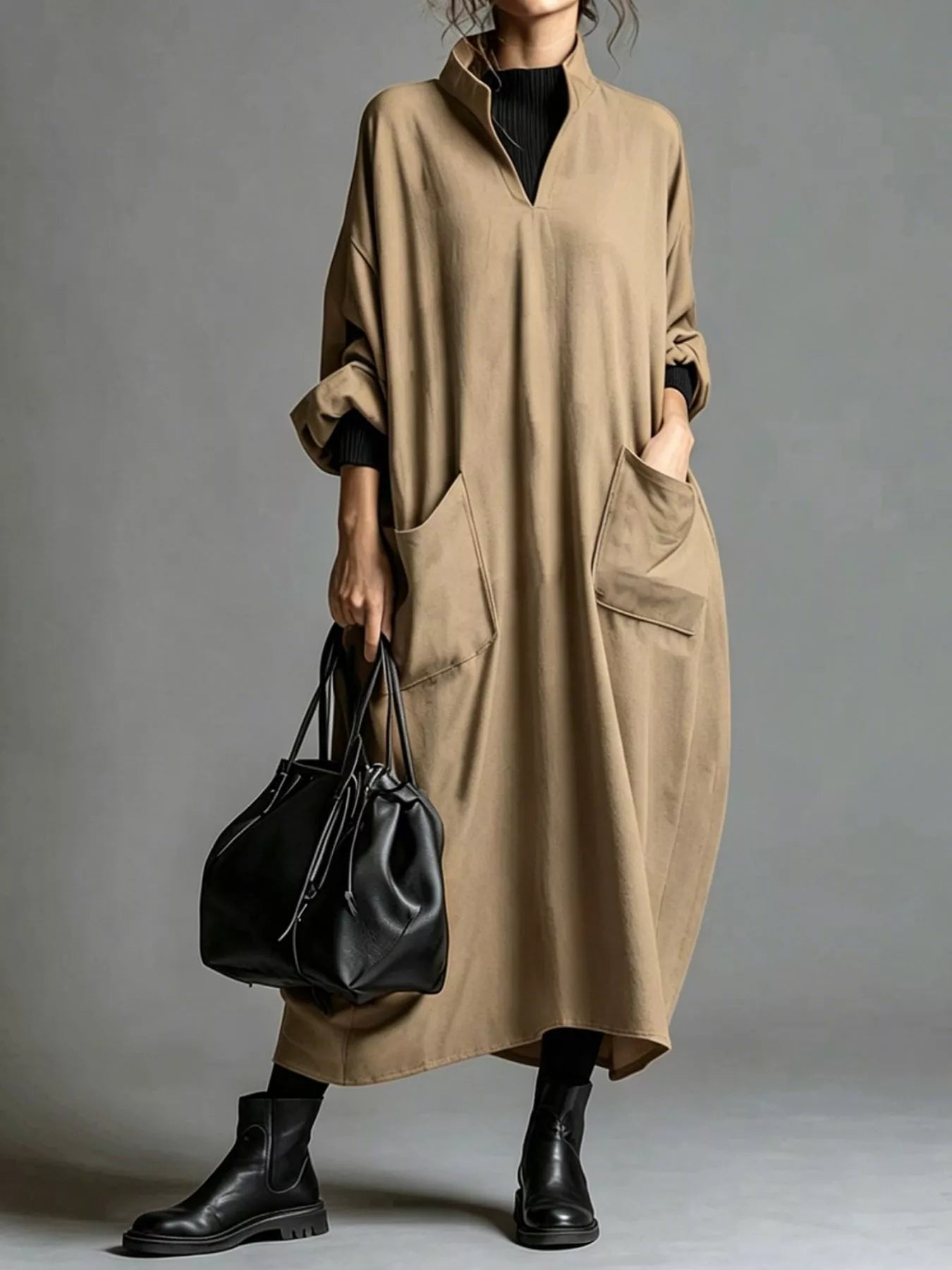 Trendsi Full Size Loose-Fit Mock Neck Midi Dress with Pockets Plus Size -