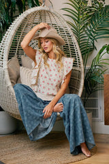 Trendsi BiBi Flower Printed Ruffle Sleeve Trim Detail Top -
