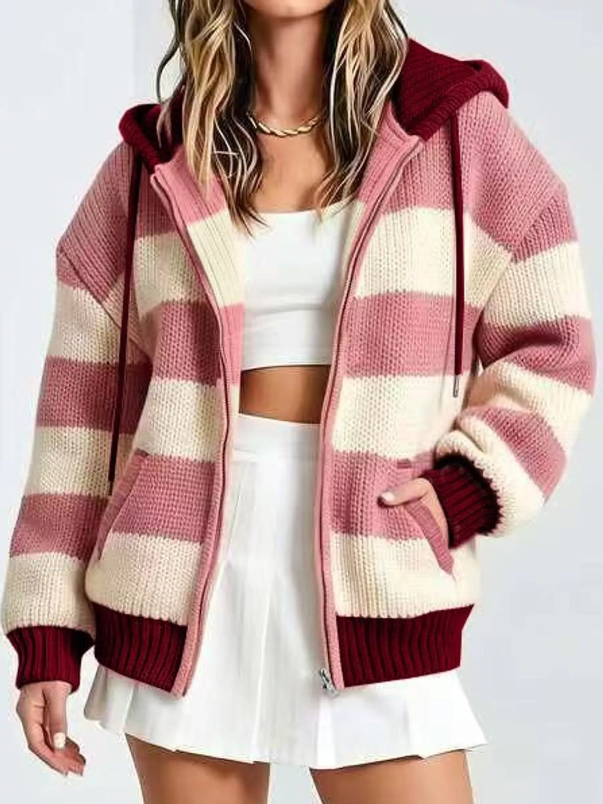 Hooded long sleeve cardigan, front view on model